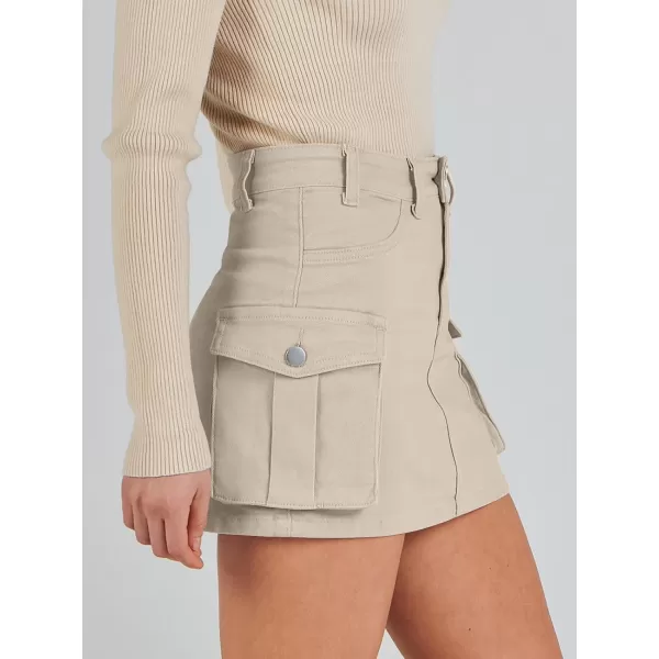 imageANRABESS Womens Cargo Skirt Button Mini Denim Short Skirt with Pocket Cotton Solid Y2k Bodycon 2024 Fashion SkirtsApricot
