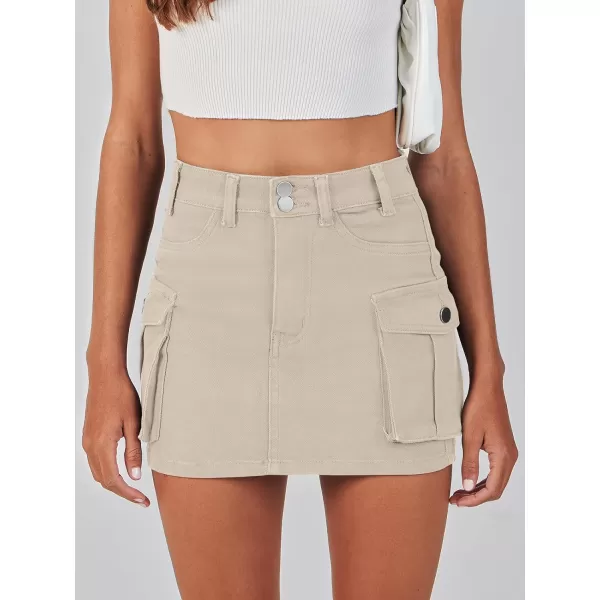 imageANRABESS Womens Cargo Skirt Button Mini Denim Short Skirt with Pocket Cotton Solid Y2k Bodycon 2024 Fashion SkirtsApricot