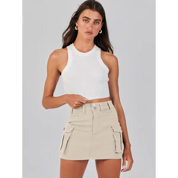 imageANRABESS Womens Cargo Skirt Button Mini Denim Short Skirt with Pocket Cotton Solid Y2k Bodycon 2024 Fashion SkirtsApricot