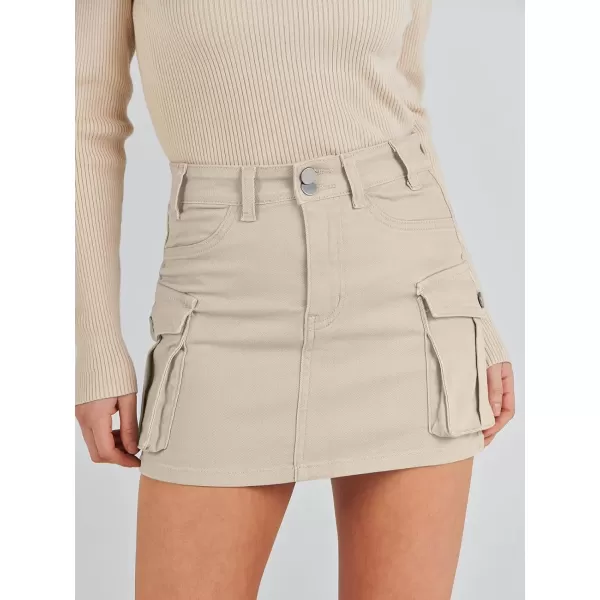 imageANRABESS Womens Cargo Skirt Button Mini Denim Short Skirt with Pocket Cotton Solid Y2k Bodycon 2024 Fashion SkirtsApricot