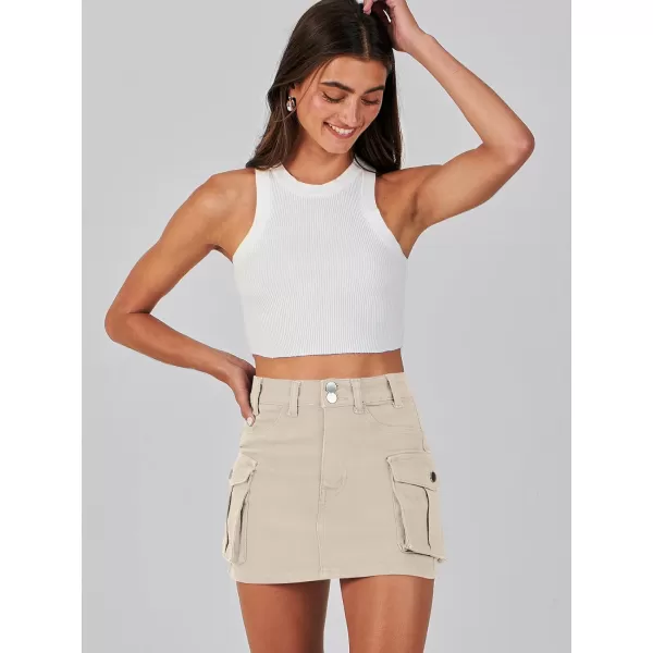 imageANRABESS Womens Cargo Skirt Button Mini Denim Short Skirt with Pocket Cotton Solid Y2k Bodycon 2024 Fashion SkirtsApricot