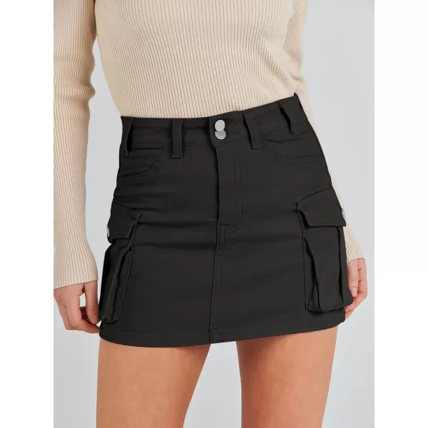 imageANRABESS Womens Cargo Skirt Button Mini Denim Short Skirt with Pocket Cotton Solid Y2k Bodycon 2024 Fashion SkirtsBlack