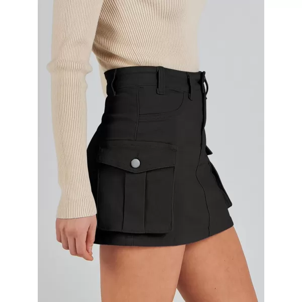 imageANRABESS Womens Cargo Skirt Button Mini Denim Short Skirt with Pocket Cotton Solid Y2k Bodycon 2024 Fashion SkirtsBlack