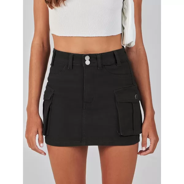 imageANRABESS Womens Cargo Skirt Button Mini Denim Short Skirt with Pocket Cotton Solid Y2k Bodycon 2024 Fashion SkirtsBlack
