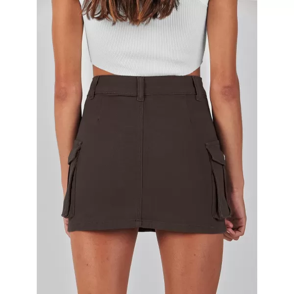 imageANRABESS Womens Cargo Skirt Button Mini Denim Short Skirt with Pocket Cotton Solid Y2k Bodycon 2024 Fashion SkirtsBrown