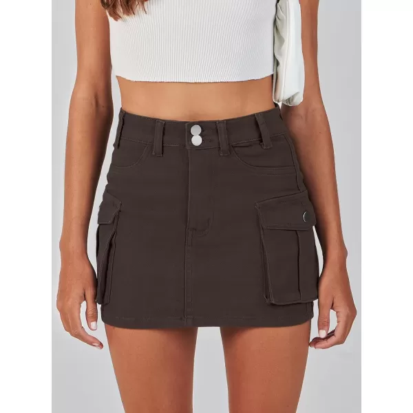 imageANRABESS Womens Cargo Skirt Button Mini Denim Short Skirt with Pocket Cotton Solid Y2k Bodycon 2024 Fashion SkirtsBrown