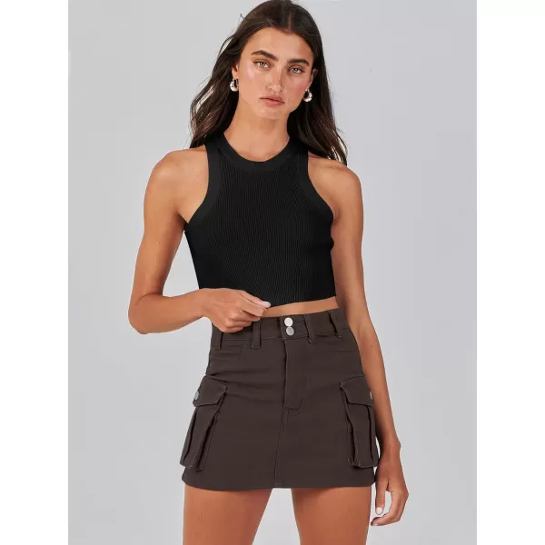 imageANRABESS Womens Cargo Skirt Button Mini Denim Short Skirt with Pocket Cotton Solid Y2k Bodycon 2024 Fashion SkirtsBrown
