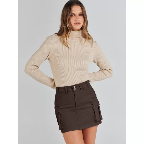 imageANRABESS Womens Cargo Skirt Button Mini Denim Short Skirt with Pocket Cotton Solid Y2k Bodycon 2024 Fashion SkirtsBrown