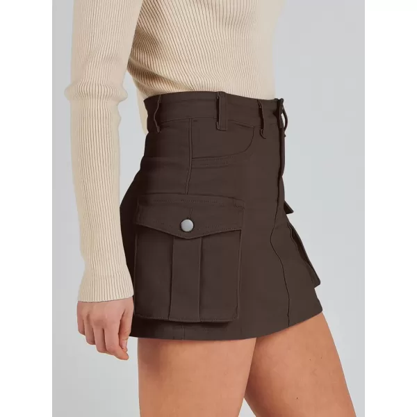 imageANRABESS Womens Cargo Skirt Button Mini Denim Short Skirt with Pocket Cotton Solid Y2k Bodycon 2024 Fashion SkirtsBrown