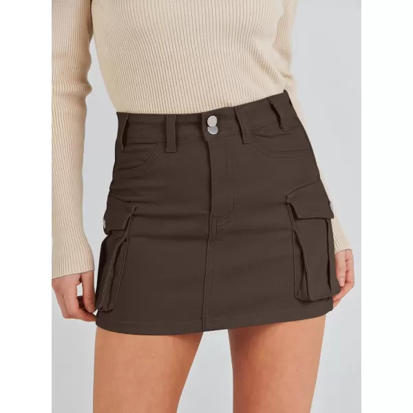 imageANRABESS Womens Cargo Skirt Button Mini Denim Short Skirt with Pocket Cotton Solid Y2k Bodycon 2024 Fashion SkirtsBrown