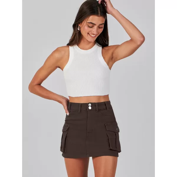 imageANRABESS Womens Cargo Skirt Button Mini Denim Short Skirt with Pocket Cotton Solid Y2k Bodycon 2024 Fashion SkirtsBrown