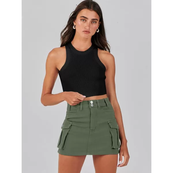 imageANRABESS Womens Cargo Skirt Button Mini Denim Short Skirt with Pocket Cotton Solid Y2k Bodycon 2024 Fashion SkirtsDeep Green