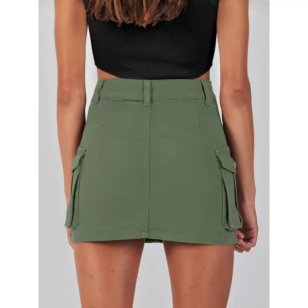 imageANRABESS Womens Cargo Skirt Button Mini Denim Short Skirt with Pocket Cotton Solid Y2k Bodycon 2024 Fashion SkirtsDeep Green