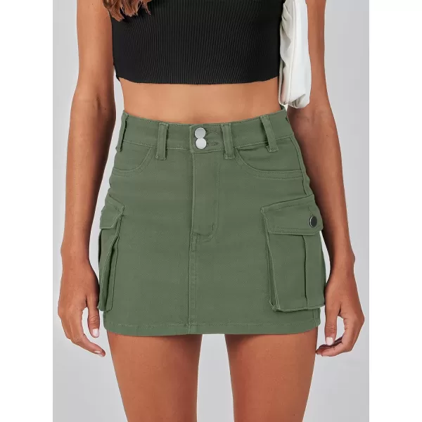 imageANRABESS Womens Cargo Skirt Button Mini Denim Short Skirt with Pocket Cotton Solid Y2k Bodycon 2024 Fashion SkirtsDeep Green