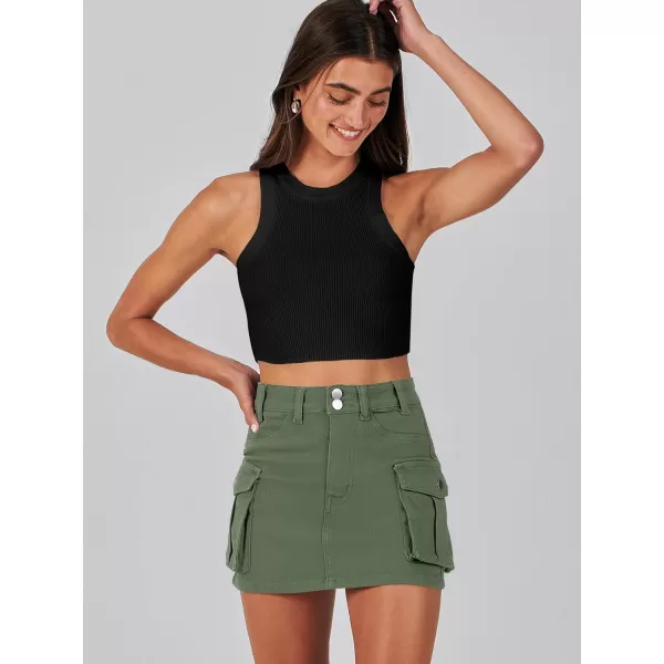 imageANRABESS Womens Cargo Skirt Button Mini Denim Short Skirt with Pocket Cotton Solid Y2k Bodycon 2024 Fashion SkirtsDeep Green