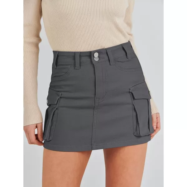 imageANRABESS Womens Cargo Skirt Button Mini Denim Short Skirt with Pocket Cotton Solid Y2k Bodycon 2024 Fashion SkirtsDeep Grey