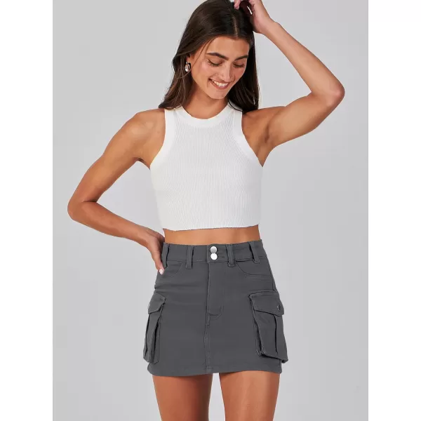 imageANRABESS Womens Cargo Skirt Button Mini Denim Short Skirt with Pocket Cotton Solid Y2k Bodycon 2024 Fashion SkirtsDeep Grey