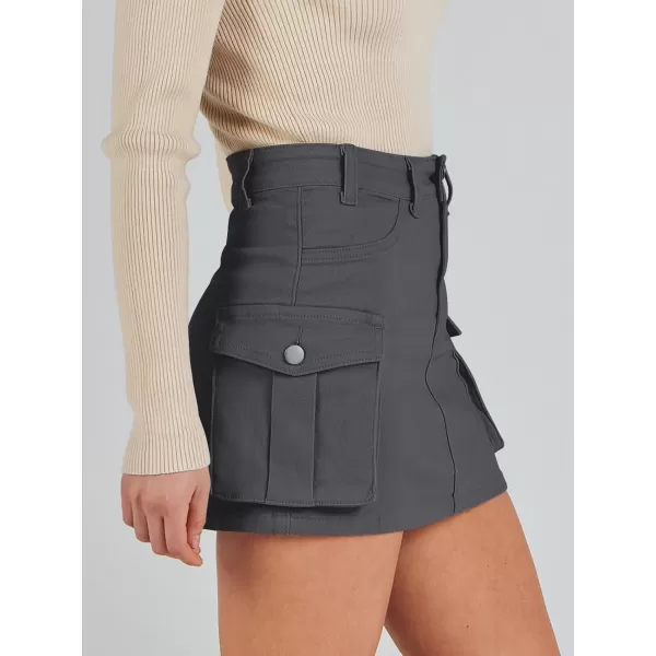 imageANRABESS Womens Cargo Skirt Button Mini Denim Short Skirt with Pocket Cotton Solid Y2k Bodycon 2024 Fashion SkirtsDeep Grey