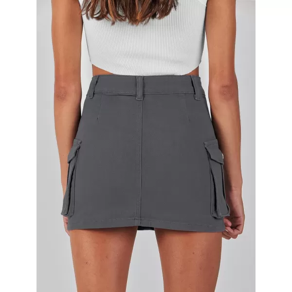 imageANRABESS Womens Cargo Skirt Button Mini Denim Short Skirt with Pocket Cotton Solid Y2k Bodycon 2024 Fashion SkirtsDeep Grey