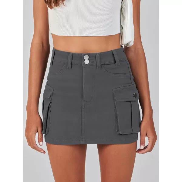 imageANRABESS Womens Cargo Skirt Button Mini Denim Short Skirt with Pocket Cotton Solid Y2k Bodycon 2024 Fashion SkirtsDeep Grey