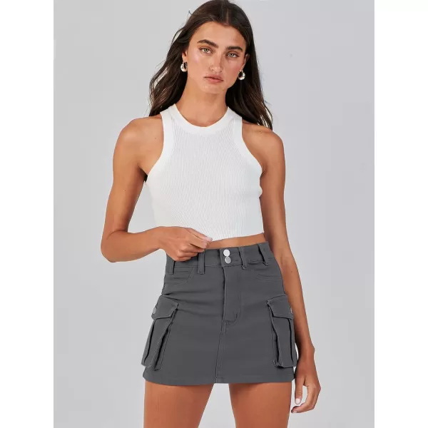 imageANRABESS Womens Cargo Skirt Button Mini Denim Short Skirt with Pocket Cotton Solid Y2k Bodycon 2024 Fashion SkirtsDeep Grey
