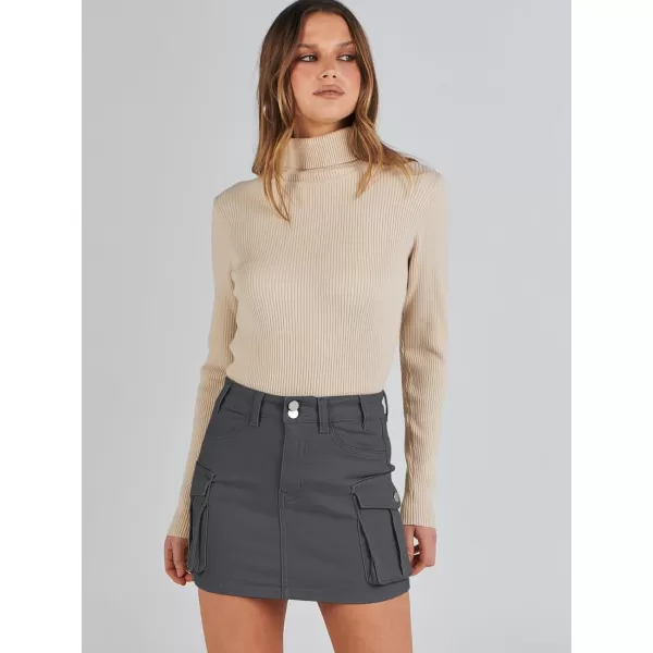 imageANRABESS Womens Cargo Skirt Button Mini Denim Short Skirt with Pocket Cotton Solid Y2k Bodycon 2024 Fashion SkirtsDeep Grey
