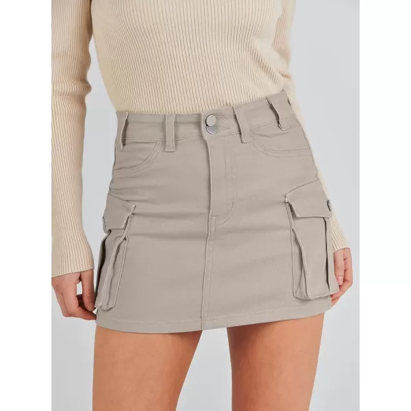 imageANRABESS Womens Cargo Skirt Button Mini Denim Short Skirt with Pocket Cotton Solid Y2k Bodycon 2024 Fashion SkirtsKhaki