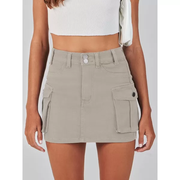 imageANRABESS Womens Cargo Skirt Button Mini Denim Short Skirt with Pocket Cotton Solid Y2k Bodycon 2024 Fashion SkirtsKhaki