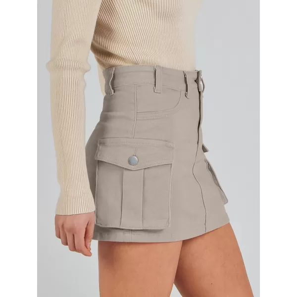 imageANRABESS Womens Cargo Skirt Button Mini Denim Short Skirt with Pocket Cotton Solid Y2k Bodycon 2024 Fashion SkirtsKhaki