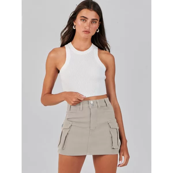 imageANRABESS Womens Cargo Skirt Button Mini Denim Short Skirt with Pocket Cotton Solid Y2k Bodycon 2024 Fashion SkirtsKhaki