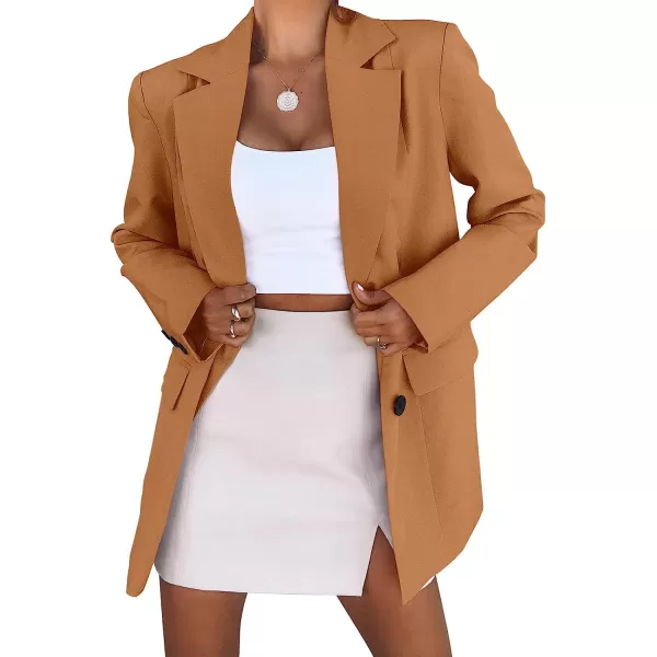 imageANRABESS Womens Casual Button Long Sleeve Lapel Open Front Pad Shoulder Office Blazer Jacket Work SuitCaramel