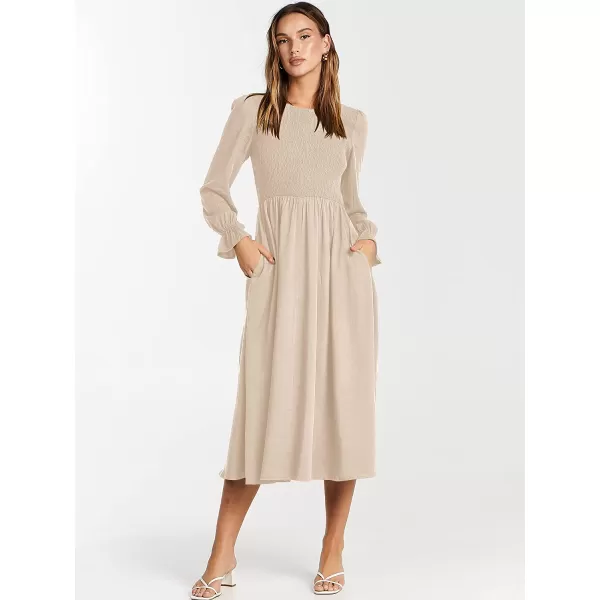 imageANRABESS Womens Casual Crew Neck Long Puff Sleeve Smocked High Waist Flowy Midi DressApricot