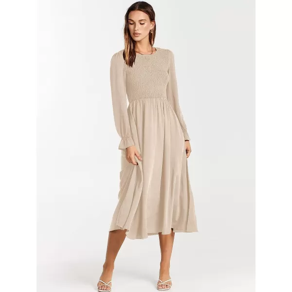 imageANRABESS Womens Casual Crew Neck Long Puff Sleeve Smocked High Waist Flowy Midi DressApricot