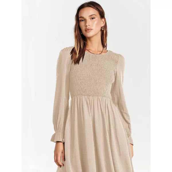 imageANRABESS Womens Casual Crew Neck Long Puff Sleeve Smocked High Waist Flowy Midi DressApricot