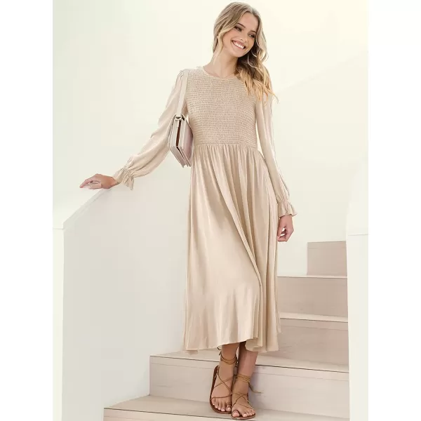imageANRABESS Womens Casual Crew Neck Long Puff Sleeve Smocked High Waist Flowy Midi DressApricot