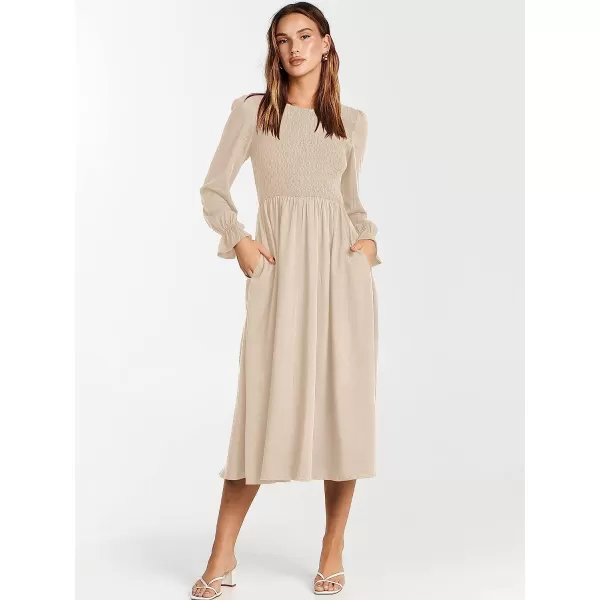 imageANRABESS Womens Casual Crew Neck Long Puff Sleeve Smocked High Waist Flowy Midi DressApricot
