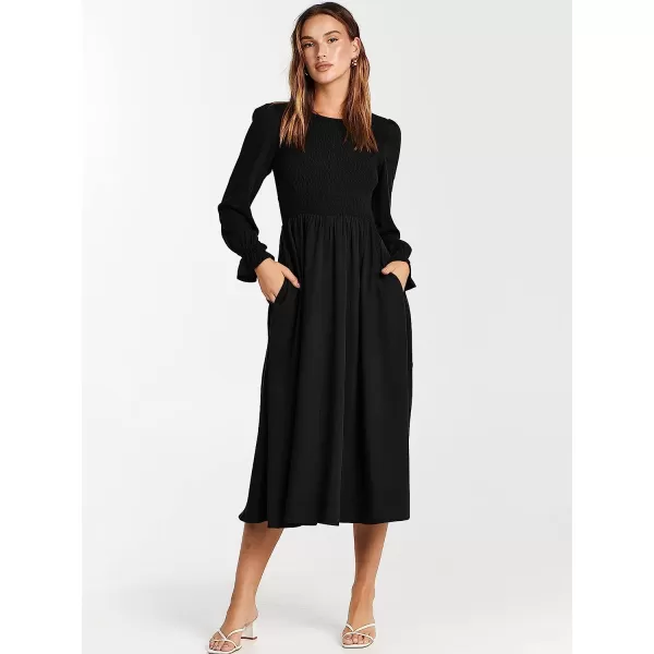 imageANRABESS Womens Casual Crew Neck Long Puff Sleeve Smocked High Waist Flowy Midi DressBlack