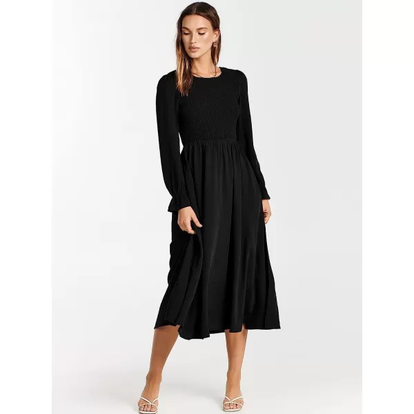 imageANRABESS Womens Casual Crew Neck Long Puff Sleeve Smocked High Waist Flowy Midi DressBlack