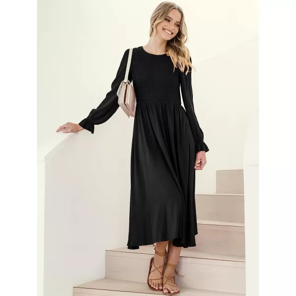 imageANRABESS Womens Casual Crew Neck Long Puff Sleeve Smocked High Waist Flowy Midi DressBlack