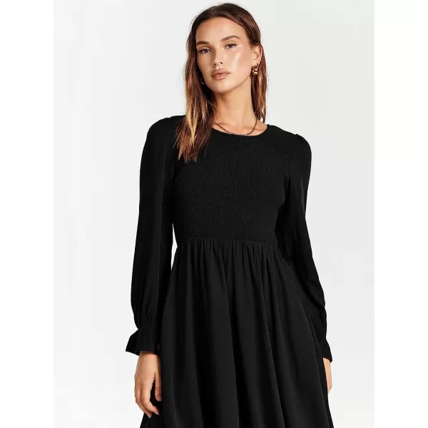imageANRABESS Womens Casual Crew Neck Long Puff Sleeve Smocked High Waist Flowy Midi DressBlack