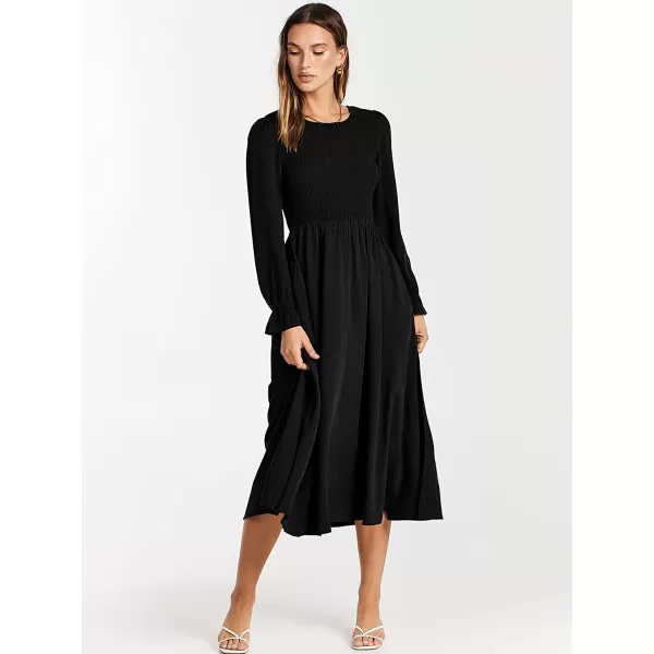 imageANRABESS Womens Casual Crew Neck Long Puff Sleeve Smocked High Waist Flowy Midi DressBlack