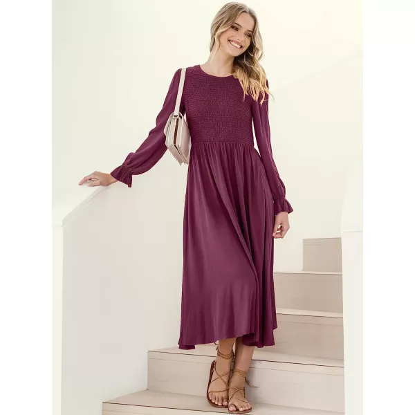 imageANRABESS Womens Casual Crew Neck Long Puff Sleeve Smocked High Waist Flowy Midi DressFuchsia