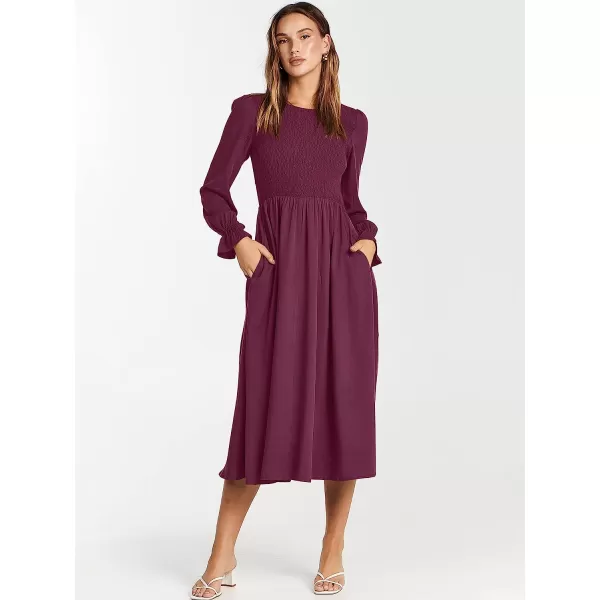 imageANRABESS Womens Casual Crew Neck Long Puff Sleeve Smocked High Waist Flowy Midi DressFuchsia