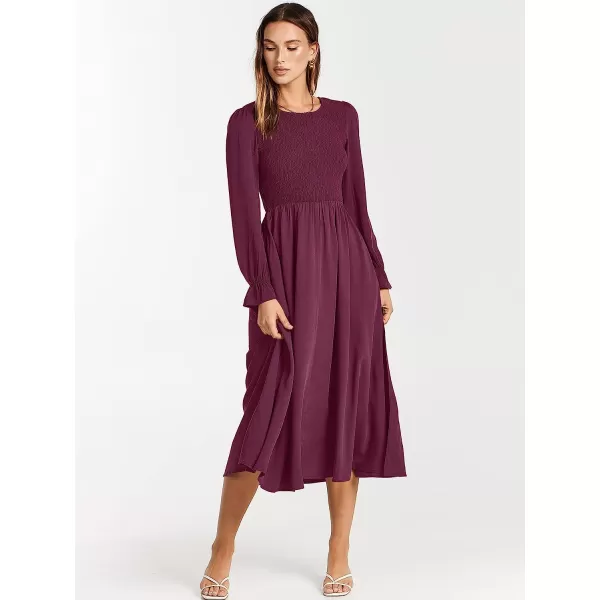 imageANRABESS Womens Casual Crew Neck Long Puff Sleeve Smocked High Waist Flowy Midi DressFuchsia
