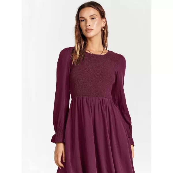 imageANRABESS Womens Casual Crew Neck Long Puff Sleeve Smocked High Waist Flowy Midi DressFuchsia