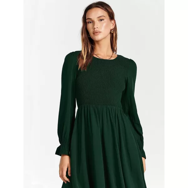 imageANRABESS Womens Casual Crew Neck Long Puff Sleeve Smocked High Waist Flowy Midi DressGreen