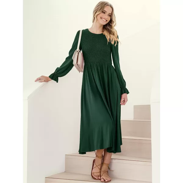imageANRABESS Womens Casual Crew Neck Long Puff Sleeve Smocked High Waist Flowy Midi DressGreen
