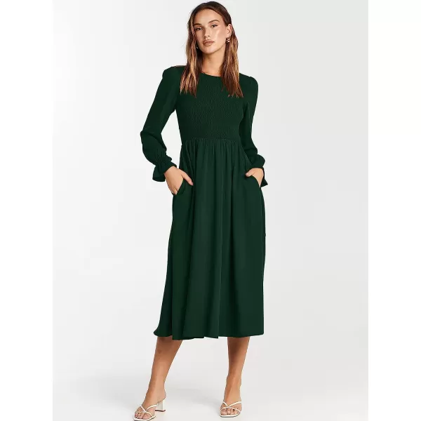 imageANRABESS Womens Casual Crew Neck Long Puff Sleeve Smocked High Waist Flowy Midi DressGreen