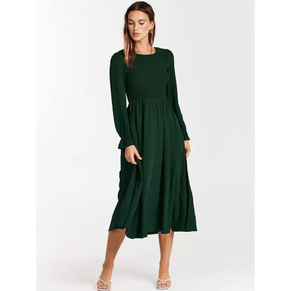 imageANRABESS Womens Casual Crew Neck Long Puff Sleeve Smocked High Waist Flowy Midi DressGreen