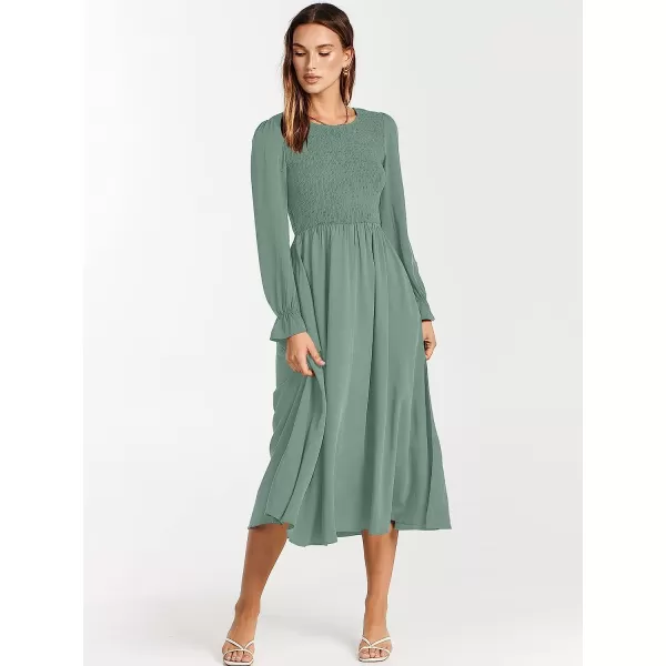 imageANRABESS Womens Casual Crew Neck Long Puff Sleeve Smocked High Waist Flowy Midi DressLight Blue